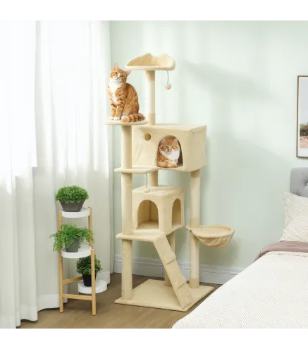 Árbol Rascador para Gatos 180 cm con Plataformas Cama 2 Cuevas Hamaca Escalera Postes de Sisal Beige
