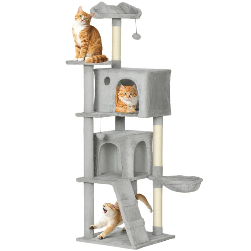 Árbol Rascador para Gatos 160 cm con Plataformas Cama 2 Cuevas Hamaca Escalera Postes de Sisal Gris Claro