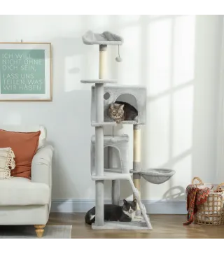 Árbol Rascador para Gatos 160 cm con Plataformas Cama 2 Cuevas Hamaca Escalera Postes de Sisal Gris Claro