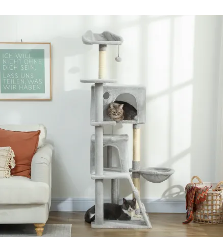 Árbol Rascador para Gatos 160 cm con Plataformas Cama 2 Cuevas Hamaca Escalera Postes de Sisal Gris Claro