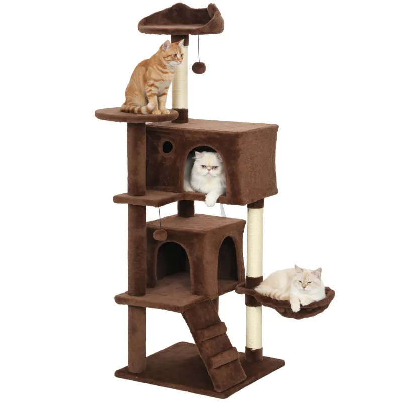 Árbol Rascador para Gatos 140 cm con Plataformas Cama 2 Cuevas Hamaca Escalera Postes de Sisal Marrón