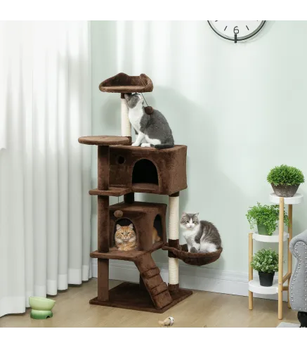 Árbol Rascador para Gatos 140 cm con Plataformas Cama 2 Cuevas Hamaca Escalera Postes de Sisal Marrón