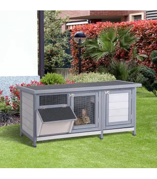 Jaula para Conejos con Techo Asfáltico Abatible Puertas con Pestillo Bandejas Extraíbles y Comedero 112x50x54 cm Gris