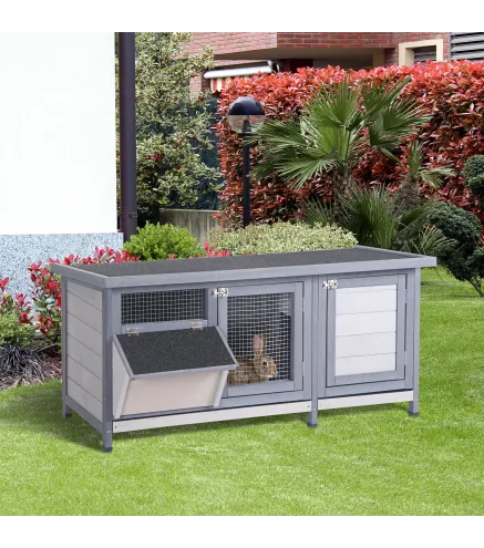 Jaula para Conejos con Techo Asfáltico Abatible Puertas con Pestillo Bandejas Extraíbles y Comedero 112x50x54 cm Gris