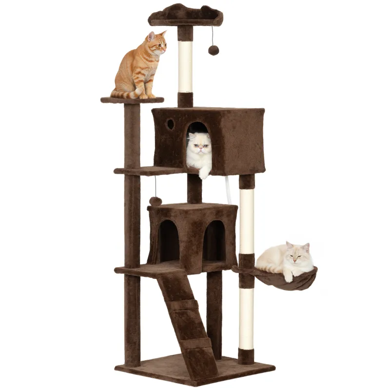 Árbol Rascador para Gatos 180 cm con Plataformas Cama 2 Cuevas Hamaca Escalera Postes de Sisal Marrón