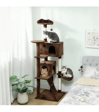 Árbol Rascador para Gatos 180 cm con Plataformas Cama 2 Cuevas Hamaca Escalera Postes de Sisal Marrón