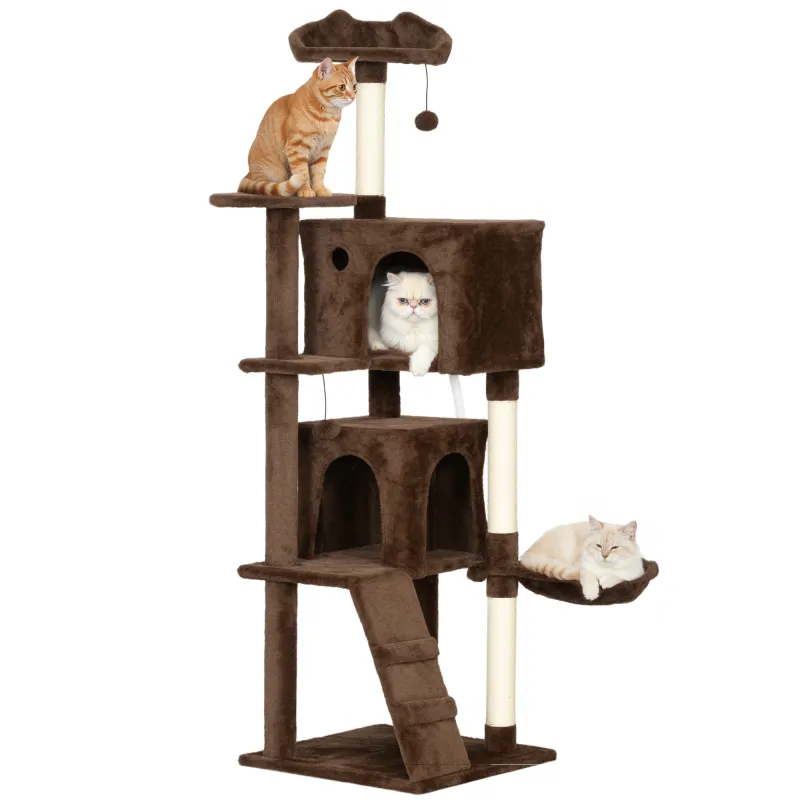 Árbol Rascador para Gatos 160 cm con Plataformas Cama 2 Cuevas Hamaca Escalera Postes de Sisal Marrón
