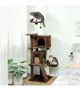 Árbol Rascador para Gatos 160 cm con Plataformas Cama 2 Cuevas Hamaca Escalera Postes de Sisal Marrón