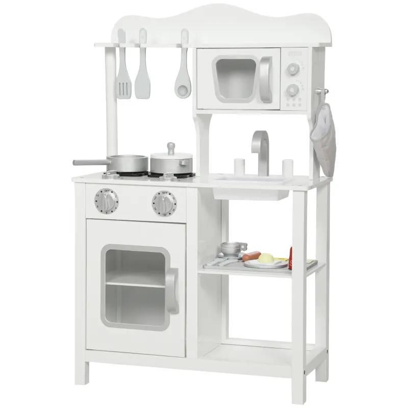 Cocina de Juguete de Madera con Sonido Accesorios Fregadero y Microondas para Niños a Partir de 3 Años Blanco Cocina de Juguete de Madera con Sonido Accesorios Fregadero y Microondas para Niños a Partir de 3 Años Blanco