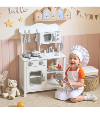 Cocina de Juguete de Madera con Sonido Accesorios Fregadero y Microondas para Niños a Partir de 3 Años Blanco