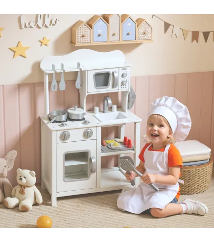 Cocina de Juguete de Madera con Sonido Accesorios Fregadero y Microondas para Niños a Partir de 3 Años Blanco