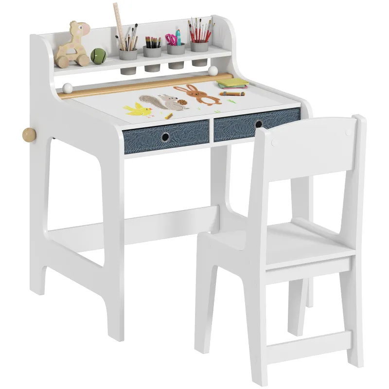 Escritorio Infantil con Silla Pupitre Infantil con 2 Cajones y Estante Mesa 62,8x55,6x73,8 cm y Silla 31,5x35x65,5 cm