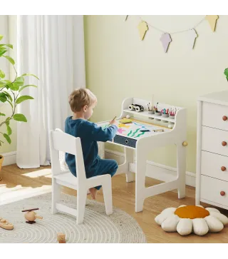 Escritorio Infantil con Silla Pupitre Infantil con 2 Cajones y Estante Mesa 62,8x55,6x73,8 cm y Silla 31,5x35x65,5 cm