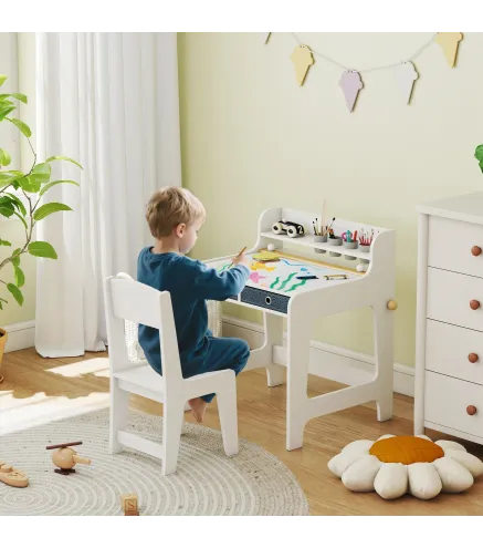 Escritorio Infantil con Silla Pupitre Infantil con 2 Cajones y Estante Mesa 62,8x55,6x73,8 cm y Silla 31,5x35x65,5 cm