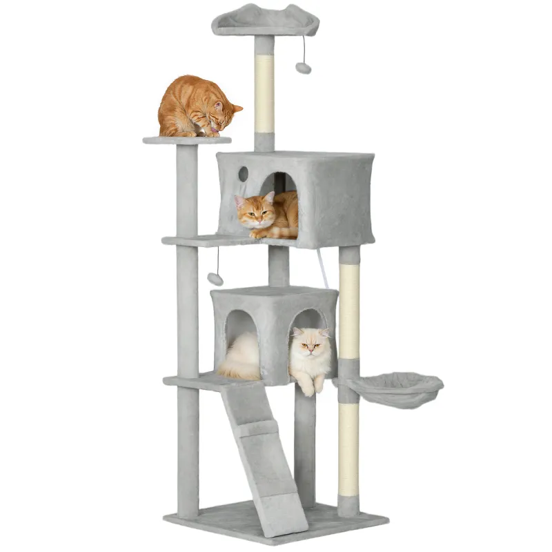 Árbol Rascador para Gatos 180 cm con Plataformas Cama 2 Cuevas Hamaca Escalera Postes de Sisal Gris Claro