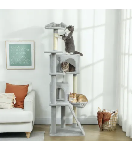 Árbol Rascador para Gatos 180 cm con Plataformas Cama 2 Cuevas Hamaca Escalera Postes de Sisal Gris Claro