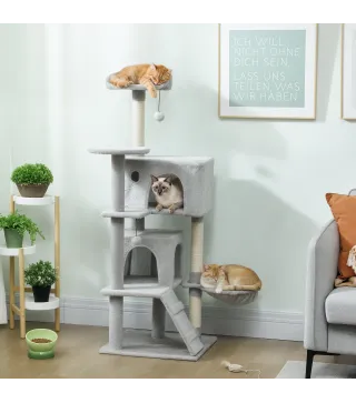 Árbol Rascador para Gatos 140 cm con Plataformas Cama 2 Cuevas Hamaca Escalera Postes de Sisal Gris Claro