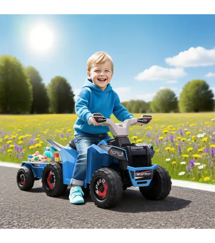 Quad Eléctrico para Niños con Remolque 6V Quad para Niños de 18-36 Meses con Velocidad 2,5 km/h 6 Ruedas Azul