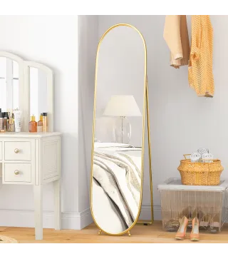 Espejo de Pie Cuerpo Entero Ovalado 160x40 cm con Marco Metálico 2 Formas de Uso Independiente y Apoyado Dorado