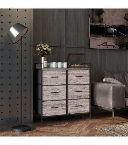 Cómoda con 6 Cajones Plegables Cajonera de Tela con Estructura de Acero Estilo Industrial 79x29x85 cm Gris