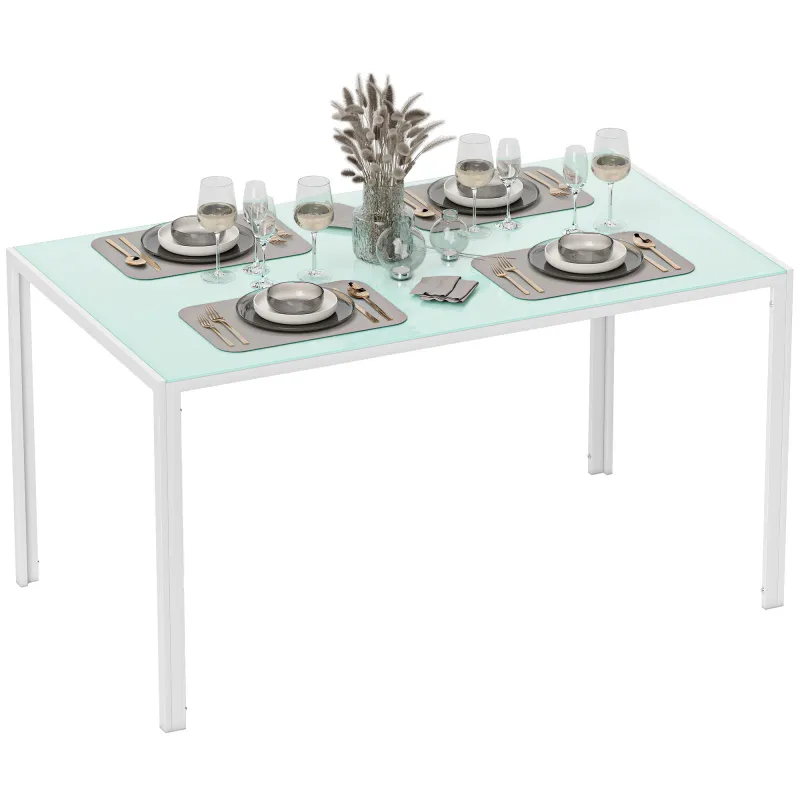 Mesa de Comedor de Cristal Rectangular para 6 Personas con Patas de Metal para Cocina Salón 140x80x75 cm Blanco