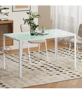 Mesa de Comedor de Cristal Rectangular para 6 Personas con Patas de Metal para Cocina Salón 140x80x75 cm Blanco