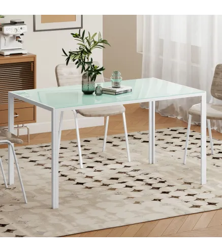 Mesa de Comedor de Cristal Rectangular para 6 Personas con Patas de Metal para Cocina Salón 140x80x75 cm Blanco