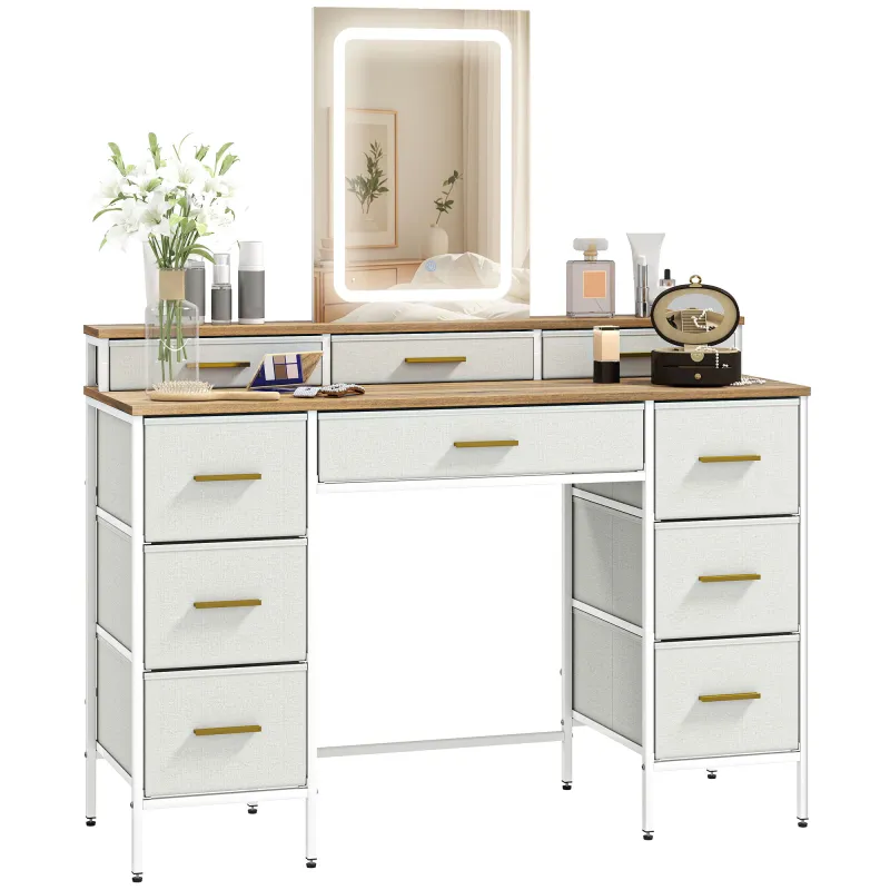 Tocador de Maquillaje con Luces LED de 3 Colores Espejo Tocador con 10 Cajones de Tela Patas de Acero Natural