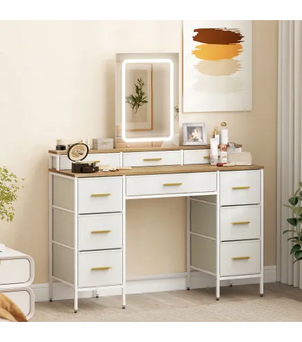 Tocador de Maquillaje con Luces LED de 3 Colores Espejo Tocador con 10 Cajones de Tela Patas de Acero Natural