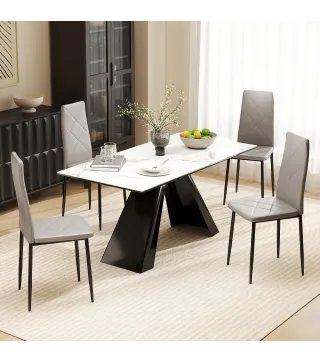 Set de 4 Sillas de Comedor Tapizadas de Piel Sintética con Respaldo Alto y Patas de Metal 41x50x97 cm Gris