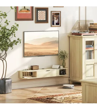 Mueble de TV Suspendido con Cajón Abatible 2 Estantes Abiertos Gestión de Cables 120x24x16 cm Madera Natural