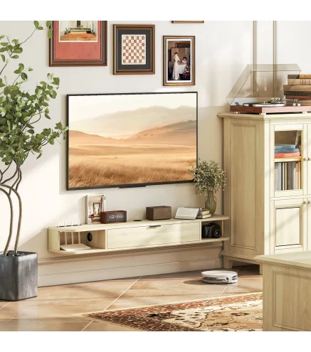 Mueble de TV Suspendido con Cajón Abatible 2 Estantes Abiertos Gestión de Cables 140x24x16 cm Madera Natural
