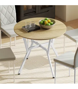 Mesa de Comedor Redonda para 2 Personas Mesa de Cocina Industrial Patas Curvadas de Acero 90x90x76 cm Natural y Blanco