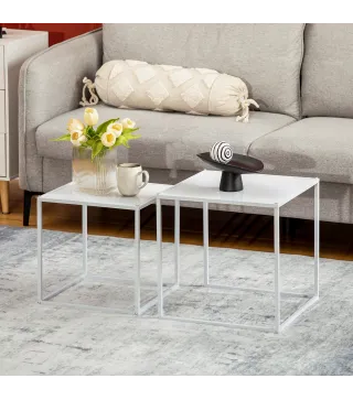 Juego de 2 Mesas Nido Mesas de Centro para Salón Cuadradas Material de Acero Grande 40 cm Pequeña 35 cm Blanco