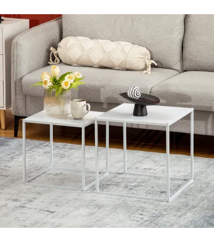 Juego de 2 Mesas Nido Mesas de Centro para Salón Cuadradas Material de Acero Grande 40 cm Pequeña 35 cm Blanco
