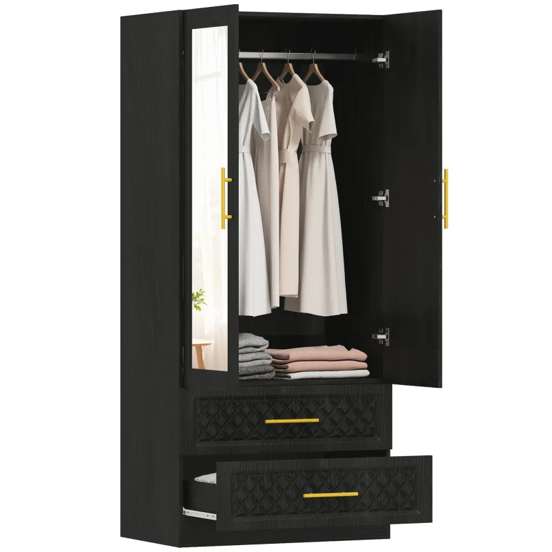 Armario Ropero con Espejo 2 Puertas y 2 Cajones Relieve de Diamante Barra para Colgar 80x50x180 cm Negro