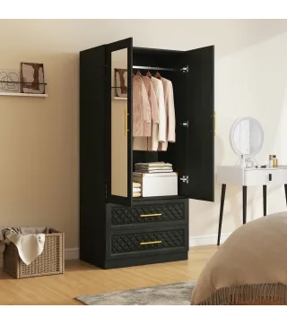 Armario Ropero con Espejo 2 Puertas y 2 Cajones Relieve de Diamante Barra para Colgar 80x50x180 cm Negro