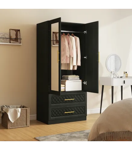 Armario Ropero con Espejo 2 Puertas y 2 Cajones Relieve de Diamante Barra para Colgar 80x50x180 cm Negro