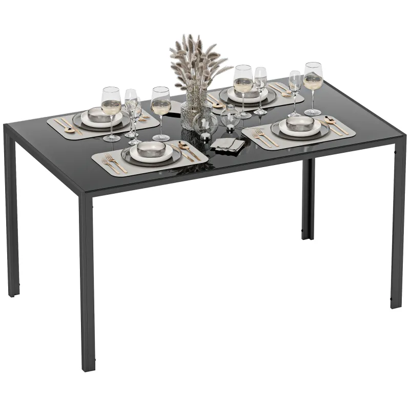 Mesa de Comedor de Cristal Rectangular para 6 Personas con Patas de Metal para Cocina Salón 140x80x75 cm Negro