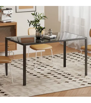 Mesa de Comedor de Cristal Rectangular para 6 Personas con Patas de Metal para Cocina Salón 140x80x75 cm Negro