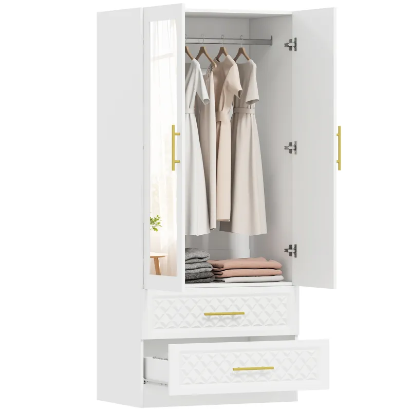 Armario Ropero con Espejo 2 Puertas y 2 Cajones Relieve de Diamante Barra para Colgar 80x50x180 cm Blanco