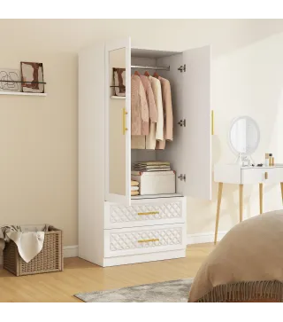 Armario Ropero con Espejo 2 Puertas y 2 Cajones Relieve de Diamante Barra para Colgar 80x50x180 cm Blanco