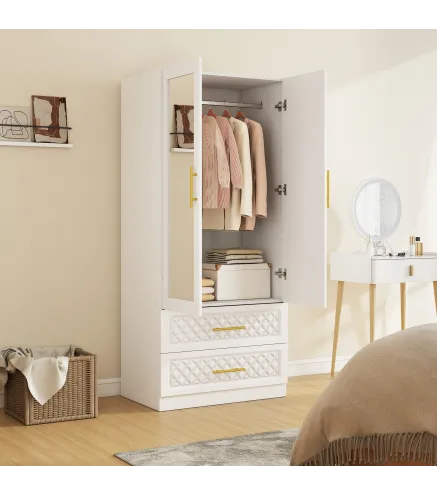 Armario Ropero con Espejo 2 Puertas y 2 Cajones Relieve de Diamante Barra para Colgar 80x50x180 cm Blanco