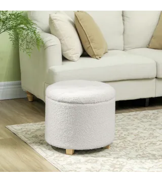 Puff Almacenaje Baúl de Almacenaje Redondo 40,5L 45x45x41 cm Tapizado en Borreguillo con Patas de Madera Blanco