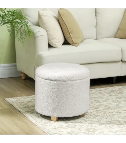 Puff Almacenaje Baúl de Almacenaje Redondo 40,5L 45x45x41 cm Tapizado en Borreguillo con Patas de Madera Blanco