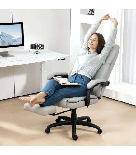 Silla de Oficina con 6 Puntos de Masaje Vibratorio con Altura Ajustable Respaldo Reclinable y Reposapiés Retráctil Gris