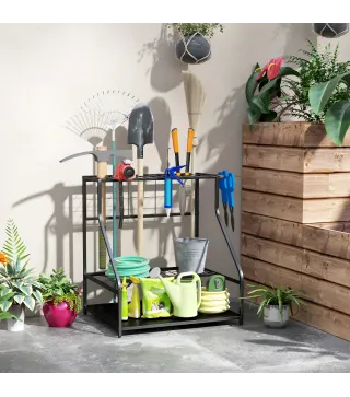 Organizador de Herramientas de Jardín Estantería de Almacenamiento de 3 Niveles para Garaje con Ganchos