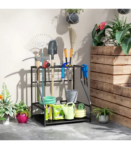 Organizador de Herramientas de Jardín Estantería de Almacenamiento de 3 Niveles para Garaje con Ganchos