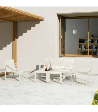 Conjunto de Jardín de 5 Piezas con Sofá de 2 Plazas Sillones y Mesas Diseño de Lamas Polipropileno Impermeable Anti-UV