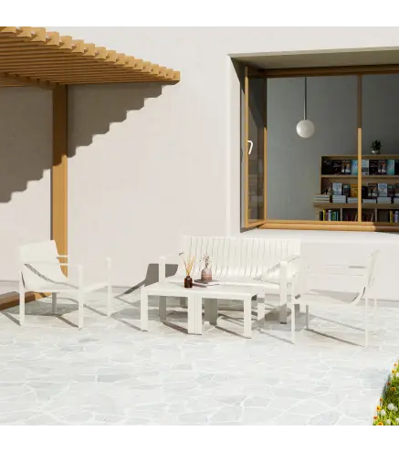 Conjunto de Jardín de 5 Piezas con Sofá de 2 Plazas Sillones y Mesas Diseño de Lamas Polipropileno Impermeable Anti-UV